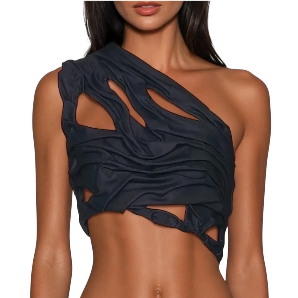 Innovare Denim Black One Shoulder Ruched Cutout Asymmetrical Crop Top New Medium